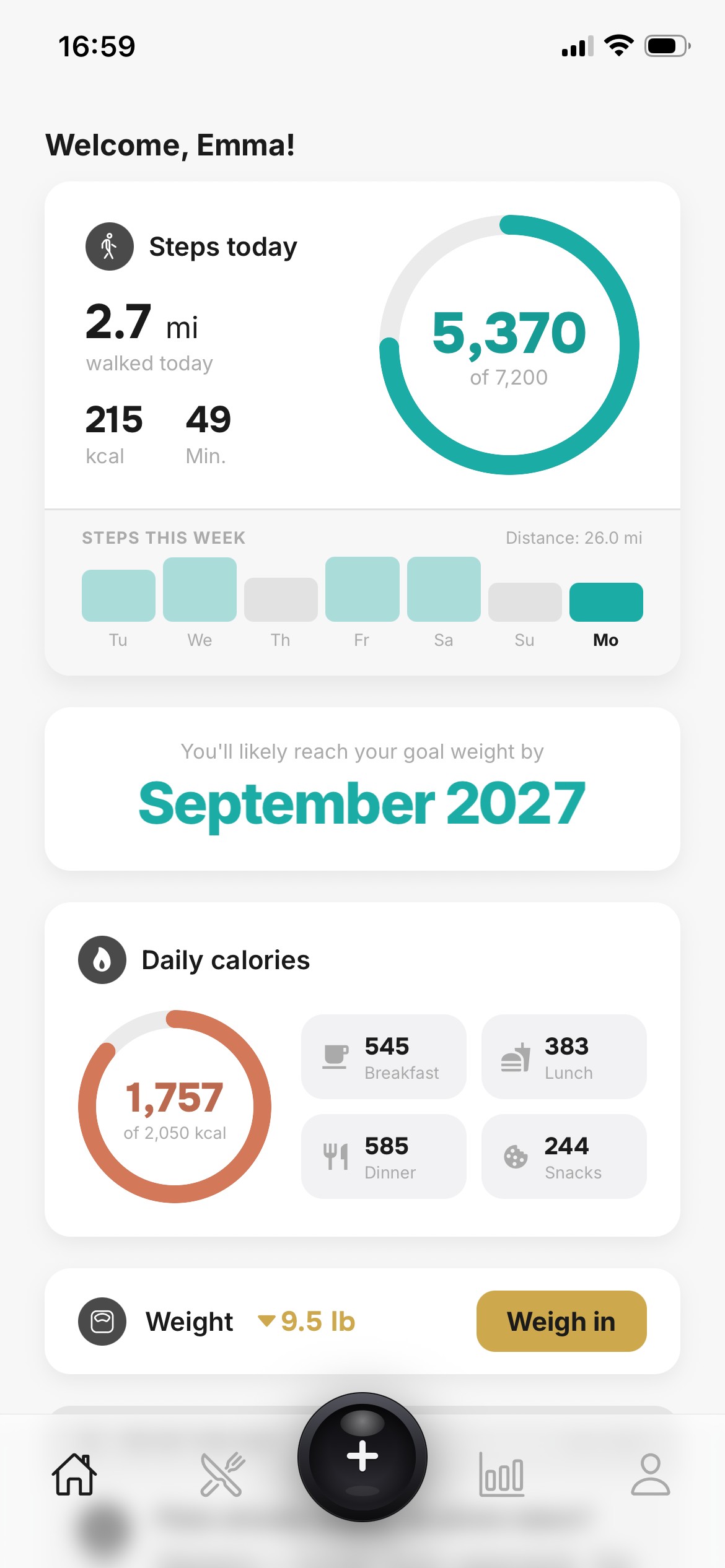 Walk It Off dashboard: 5,370 of 7,200 steps, 2.7 miles walked today, goal weight expected in September 2027, daily calories 1,757 of 2,050 kcal.