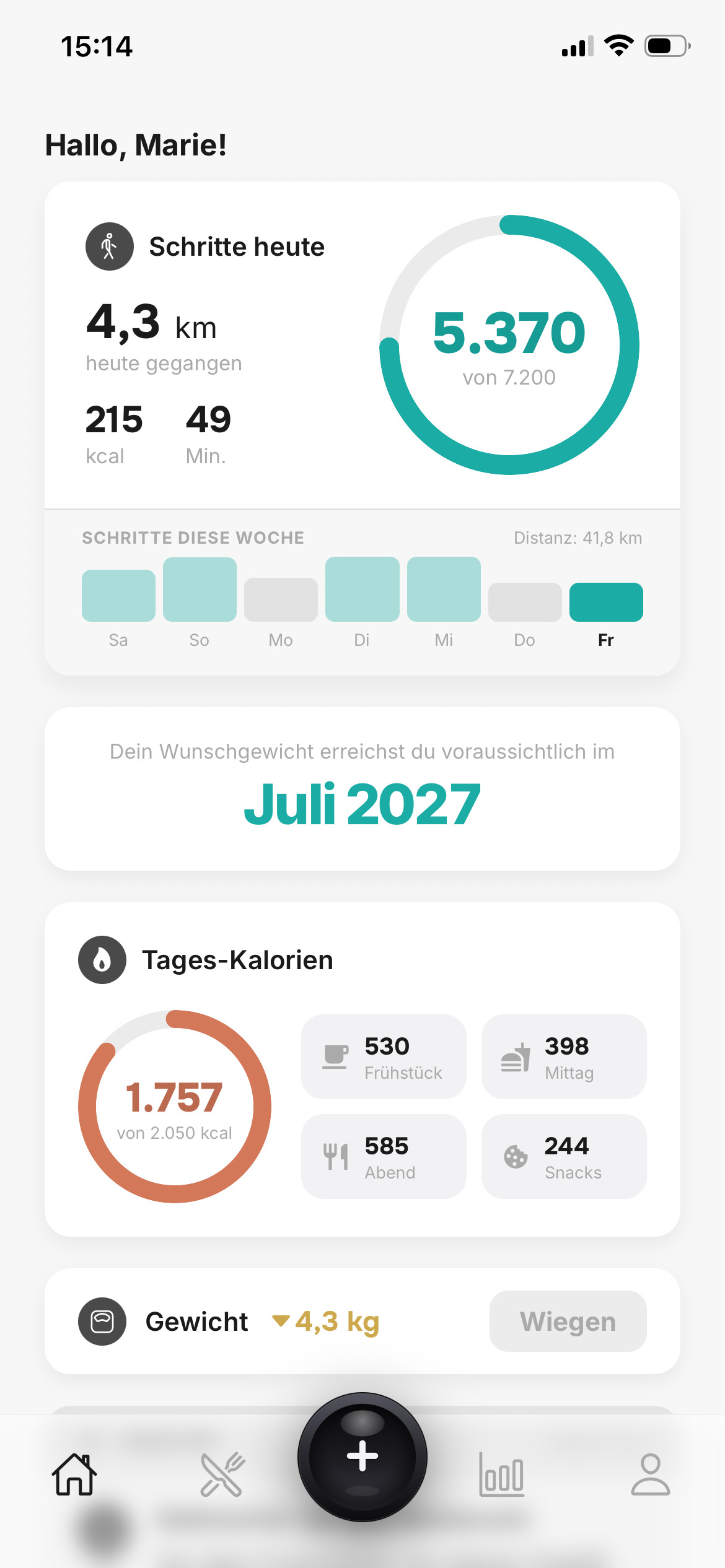 Walk It Off Dashboard: 5.370 von 7.200 Schritten, 4,3 km gegangen, Wunschgewicht voraussichtlich im Juli 2027, Tages-Kalorien 1.757 von 2.050 kcal.