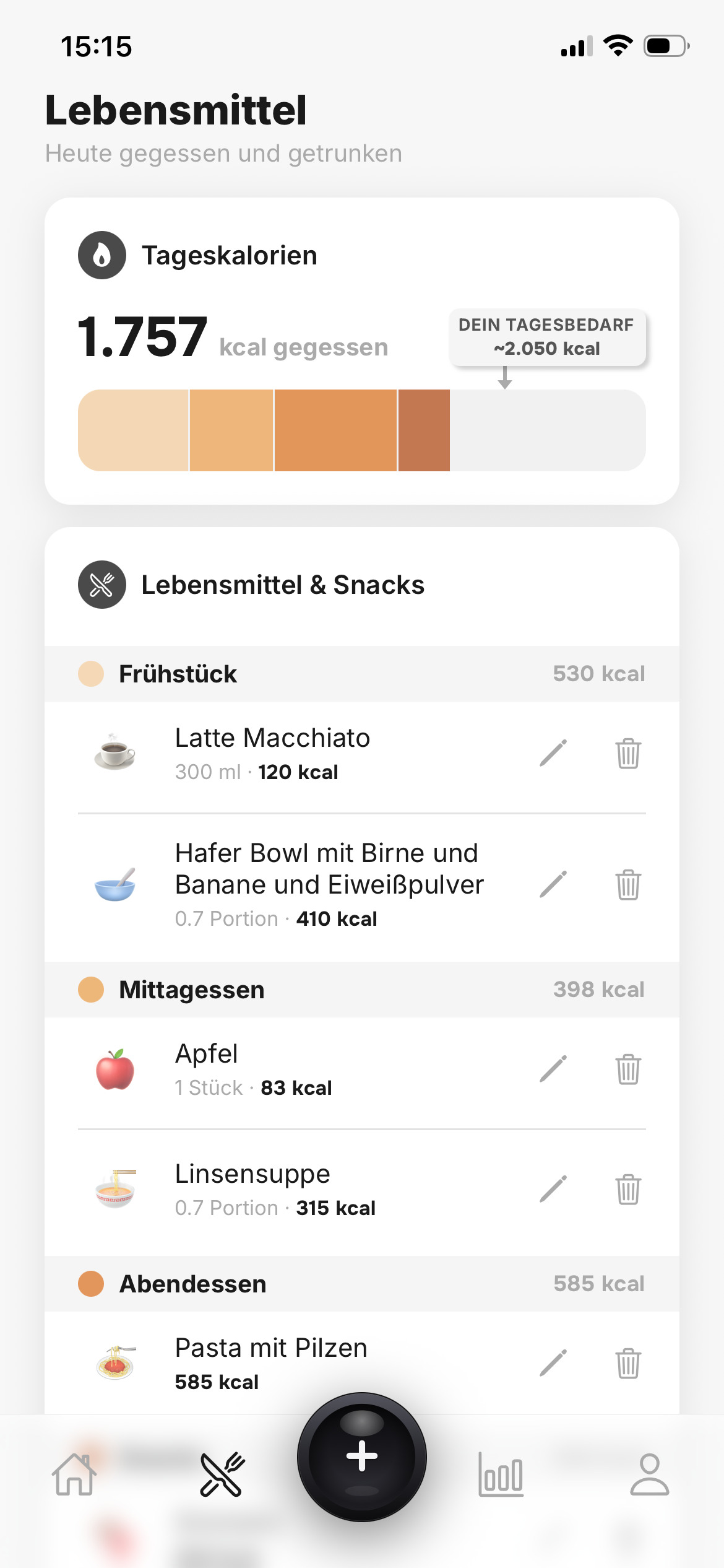 Tagesübersicht: 1.757 kcal gegessen von etwa 2.050 kcal Tagesbedarf, nach Frühstück, Mittag- und Abendessen aufgeschlüsselt.